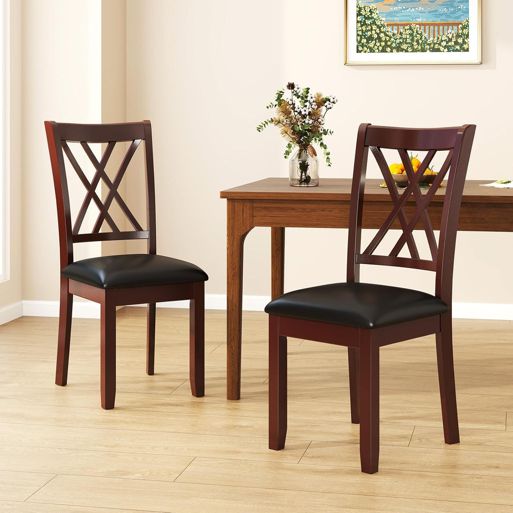 COSTWAY Set of 4 Dining Chairs, Wooden Kitchen Side Chair with PU Leather Padded Seat, Rubber Wood Frame & High Back, Farmhouse Dining Room Chairs for Home & Restaurant, Walnut