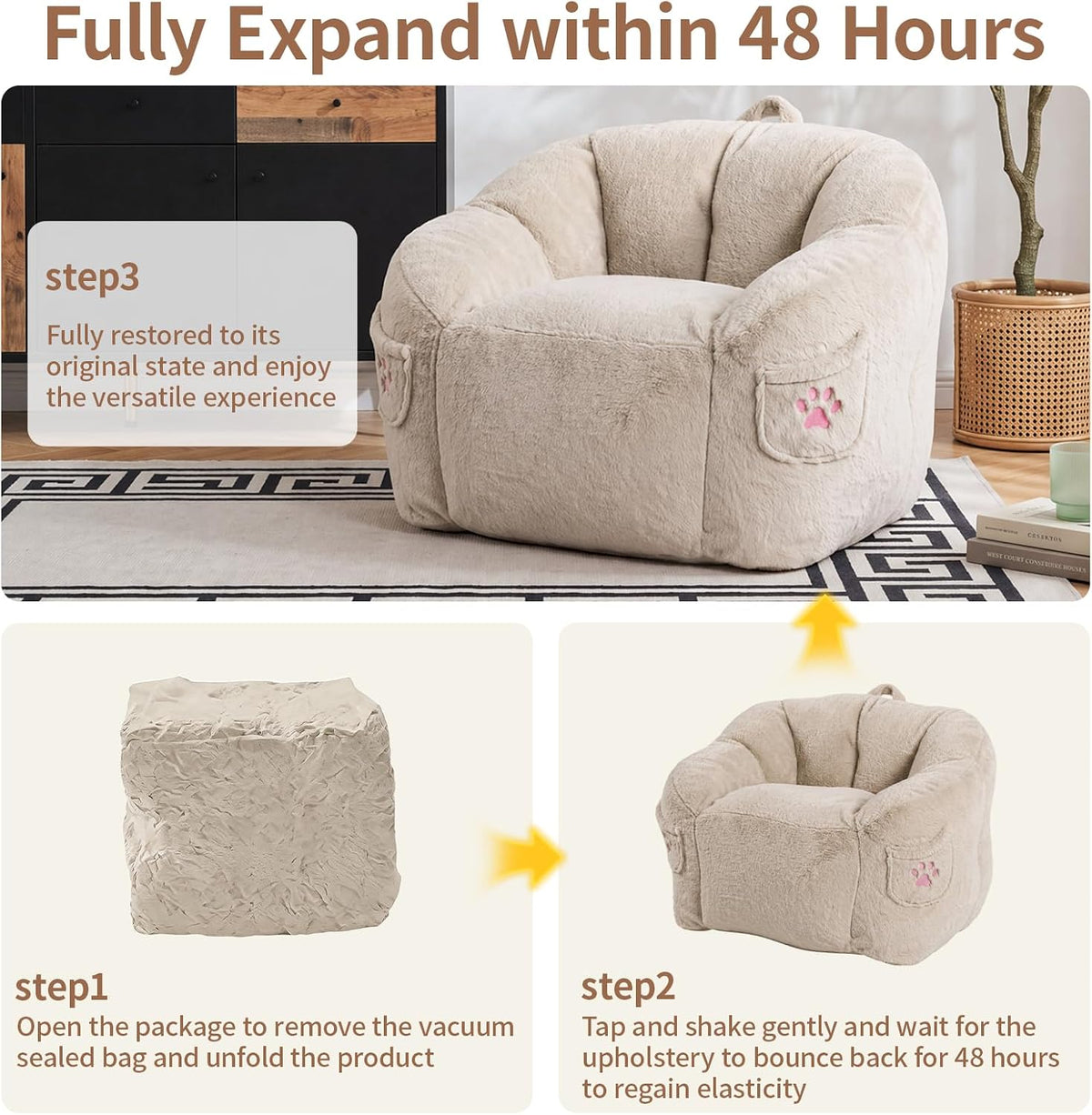 Vipbear Cat Paw Bean Bag Chair with Air-Cushion, Oversized Sofa Chair Khaki | 39", air-cushion filling, cat paw Pocket, carry handle, oversized firm support, ergonomic, plush faux fur, gaming, reading