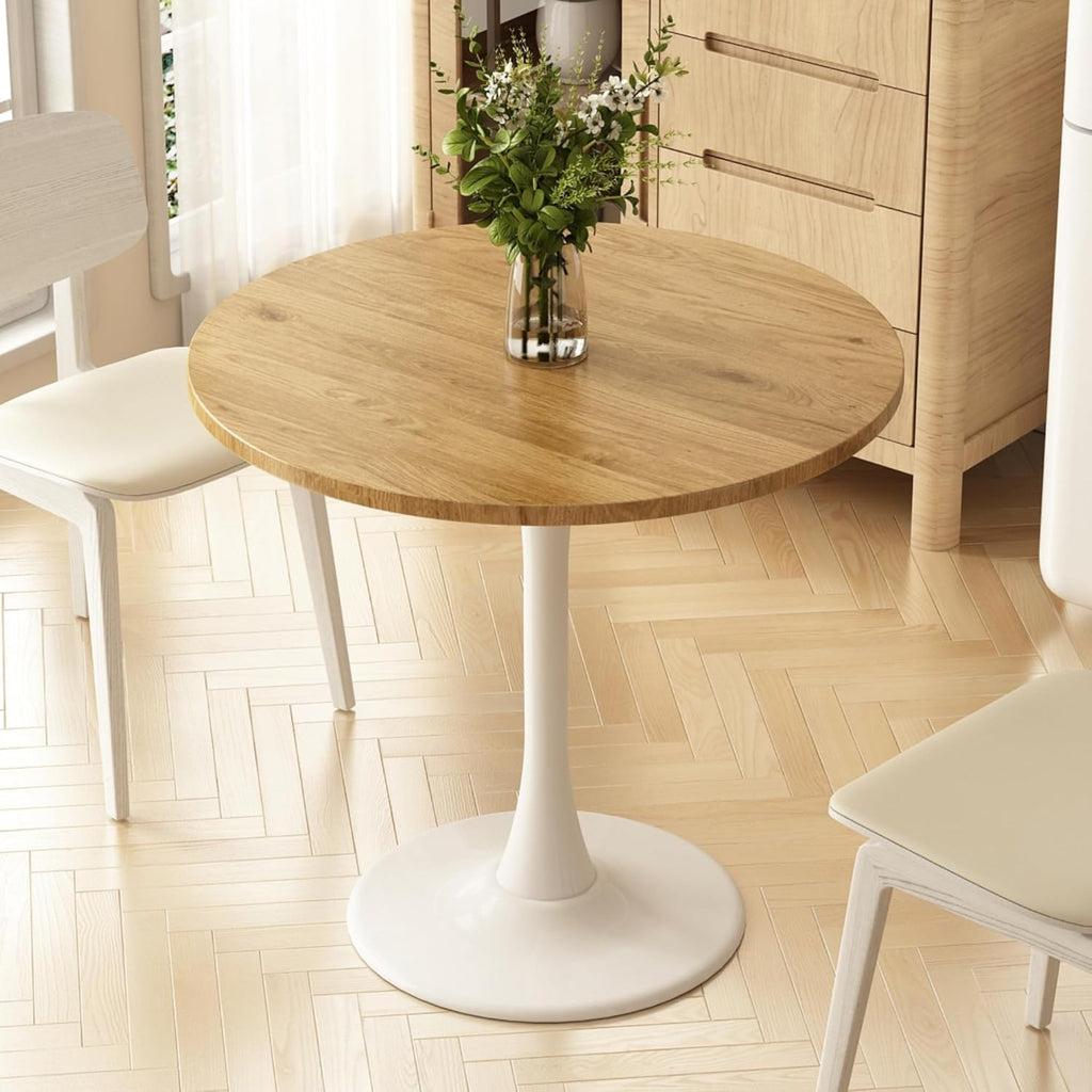 Round Dining Table 30" Circle Tulip Table with Wood Thickened Tabletop & Sturdy Metal Pedestal Mid Century Modern Leisure Bistro Kitchen Tables 4 People Small Places Living Room Cafe,Oak