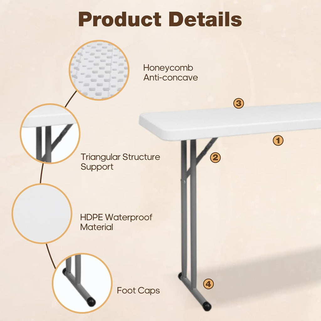 Folding Table 5FT, Heavy Duty Foldable Table for Indoor Outdoor Use, HDPE Rectangle Narrow Folding Table for Seminar, Home Office, Buffet, Camping, Party, White