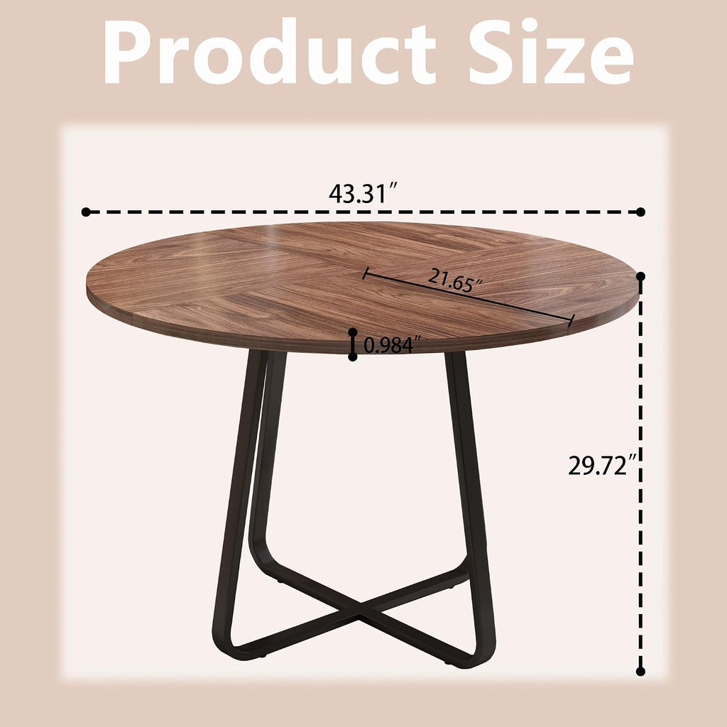 43.31'' Round Dining Table, Wood Kitchen Table with Metal X-Shaped Base, Kitchen Dining Room Circle Dinner Pedestal Table, Space Saving Industrial Circle Coffee Table for Home Living Room Furniture