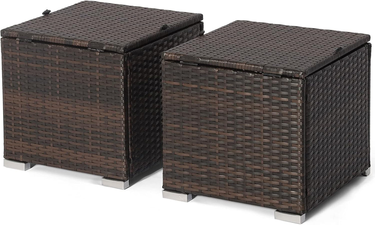 MEDIMALL Patio Wicker Ottoman Set of 2, Multipurpose Outdoor Footstool w/Removable Cushions, Rattan Side Table w/Storage, Footstool Ottoman Seat for Garden, Backyard, Poolside (Beige)