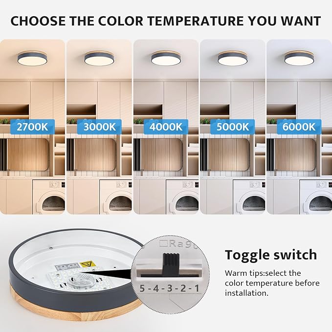 Modern Dimmable LED Close to Ceiling Light Minimalist Wood Oak Flush Mount Ceiling Light Fixture with Lampshade for Bedroom Living Room Bathroom Laundry Room (Grey-Dimmable, 11.8''/30cm)
