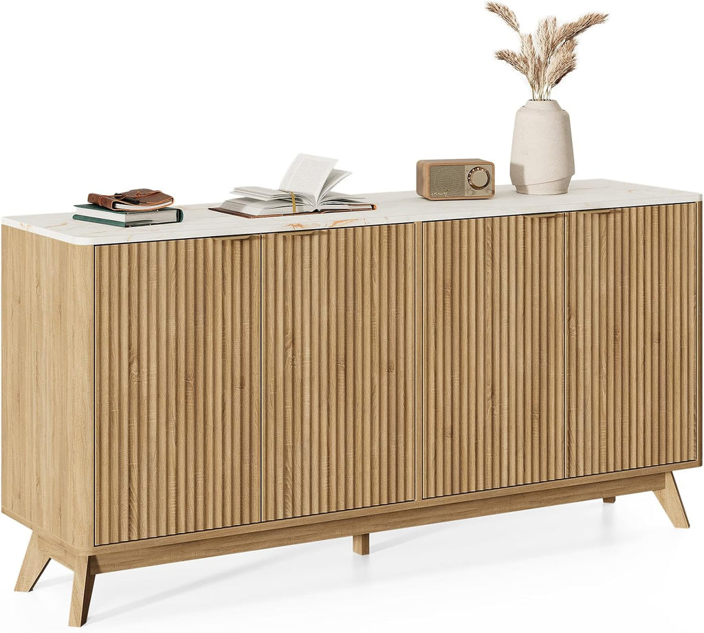 59'' Sideboard Buffet Cabinet with Storage, Fluted Cabinet with Rounded Corners, Modern Buffet Table Accent with 4 Doors for Coffee Bar, Console Table,Oak