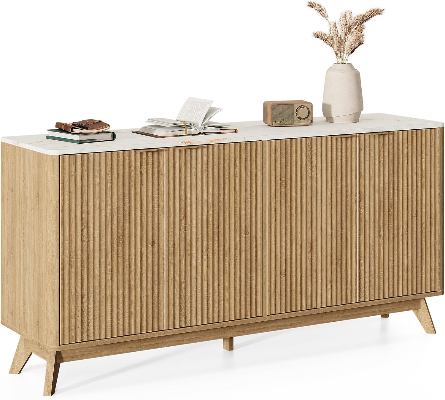 59'' Sideboard Buffet Cabinet with Storage, Fluted Cabinet with Rounded Corners, Modern Buffet Table Accent with 4 Doors for Coffee Bar, Console Table,Oak