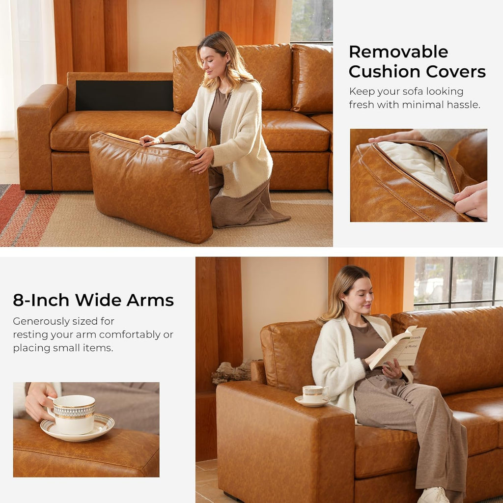 ELUCHANG 113" V-Shaped Modular Sectional Sofa Couch, Modern 4-Seat Premium Faux Leather Deep Seat Sofa with Corner, Removable Cover, Easy Assembly, Large Sofas & Couches for Living Room, Office, Brown