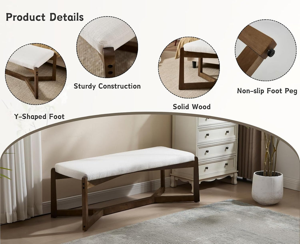 CIMOTA 49 Inch Modern Entryway Bench, Upholstered Bedroom Bench with Solid Wood Frame, Y-Shaped Foot, Comfy Ottoman for Bedroom End of Bed/Hallway/Living Room/Indoor, Linen Beige
