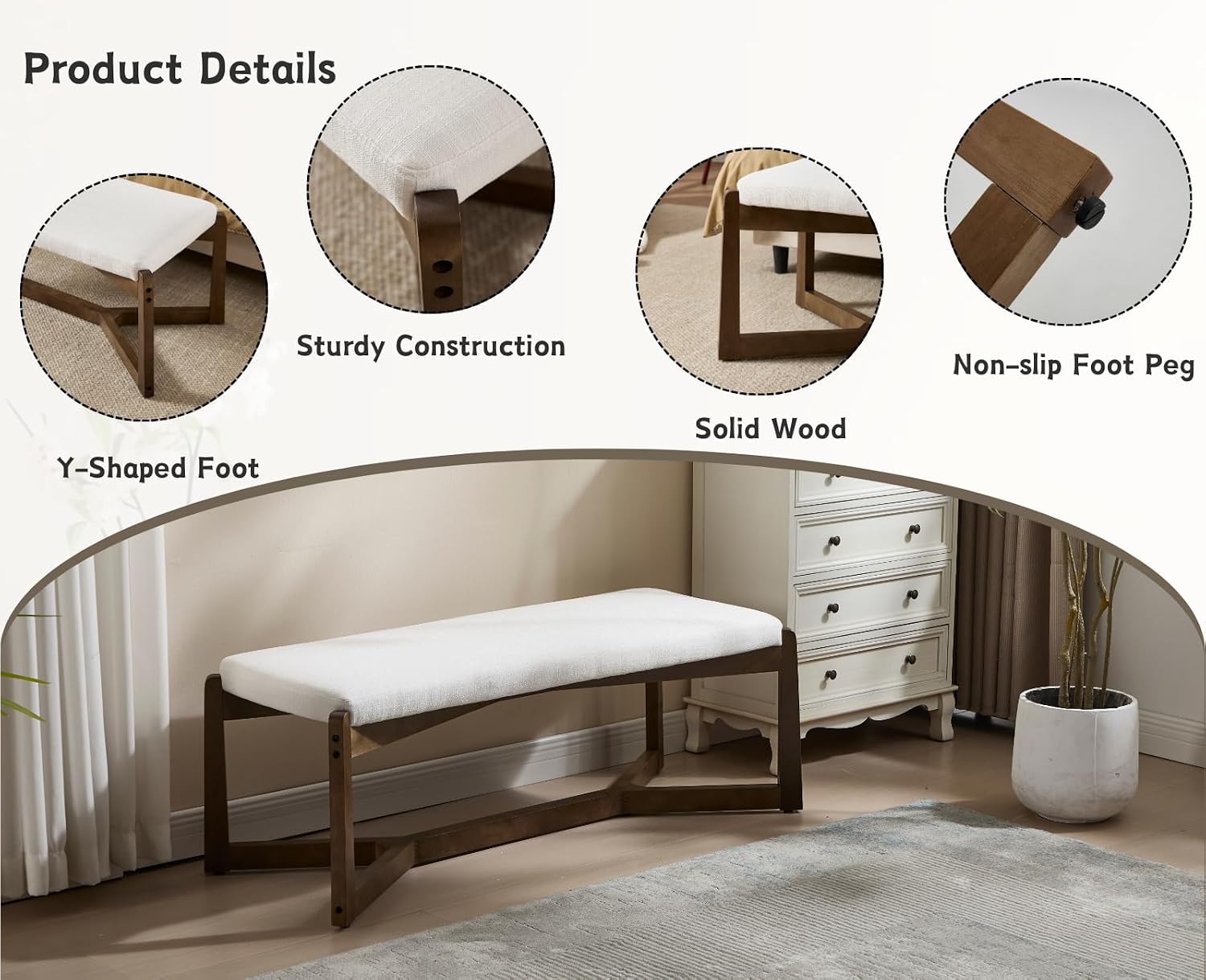 CIMOTA 49 Inch Modern Entryway Bench, Upholstered Bedroom Bench with Solid Wood Frame, Y-Shaped Foot, Comfy Ottoman for Bedroom End of Bed/Hallway/Living Room/Indoor, Linen Beige