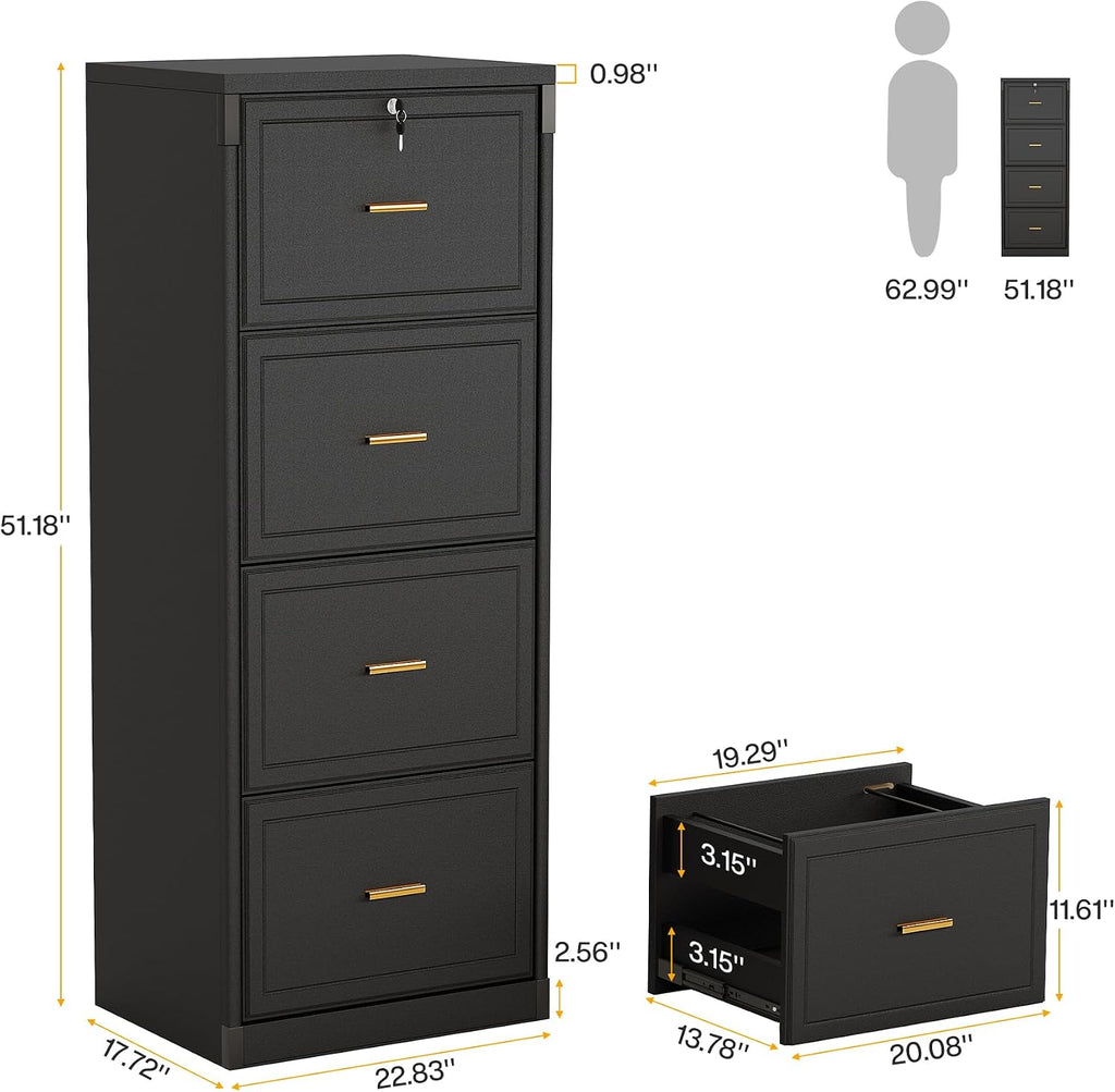Tribesigns 4 Drawer File Cabinet with Lock, Filing Cabinets for Home Office | Vertical Wooden File Cabinet with Key, Modern Style, Tall Office Storage Cabinet for Legal Size/Letter/A4/Files, Black