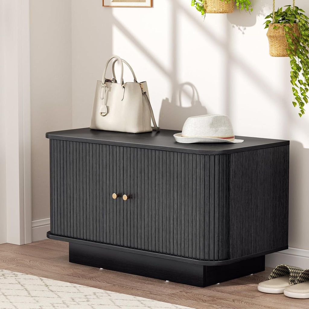 AKMAKM Fluted Shoe Storage Bench, 31" W Small Entryway Bench with Sliding Door, Mud Room Benches with Seat, Upholstered Wooden Rack Organization for Living Room, Apartment, Dorm, Black