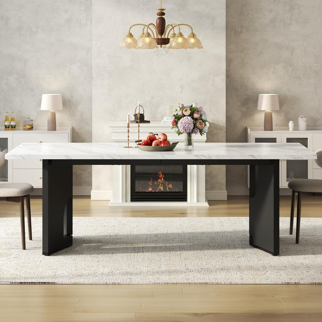 86.6" Modern Dining Table for 6-10 People,Long Kitchen Tables with Wooden Black V Shaped Frame Legs,Rectangular Dinner Table with Imitation Marble Tabletop for Kitchen, Dining Room（Only Table