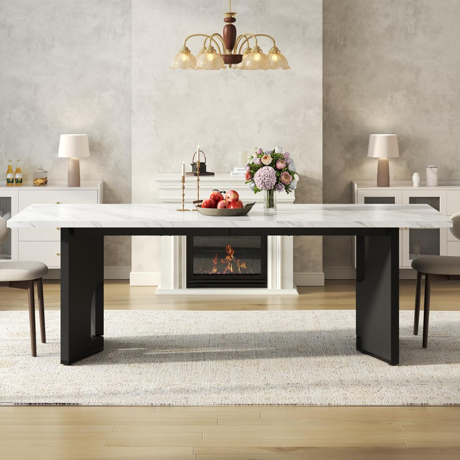 86.6" Modern Dining Table for 6-10 People,Long Kitchen Tables with Wooden Black V Shaped Frame Legs,Rectangular Dinner Table with Imitation Marble Tabletop for Kitchen, Dining Room（Only Table