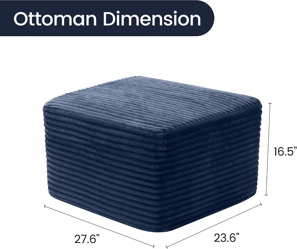 27.6" Floor Ottoman, Plush Corduroy Ottoman Foot Rest for Couch in a Box, Compressed Soft Foam Footrest No Assembly Require, Large Square Footstool for Living Room, Bedroom, Blue