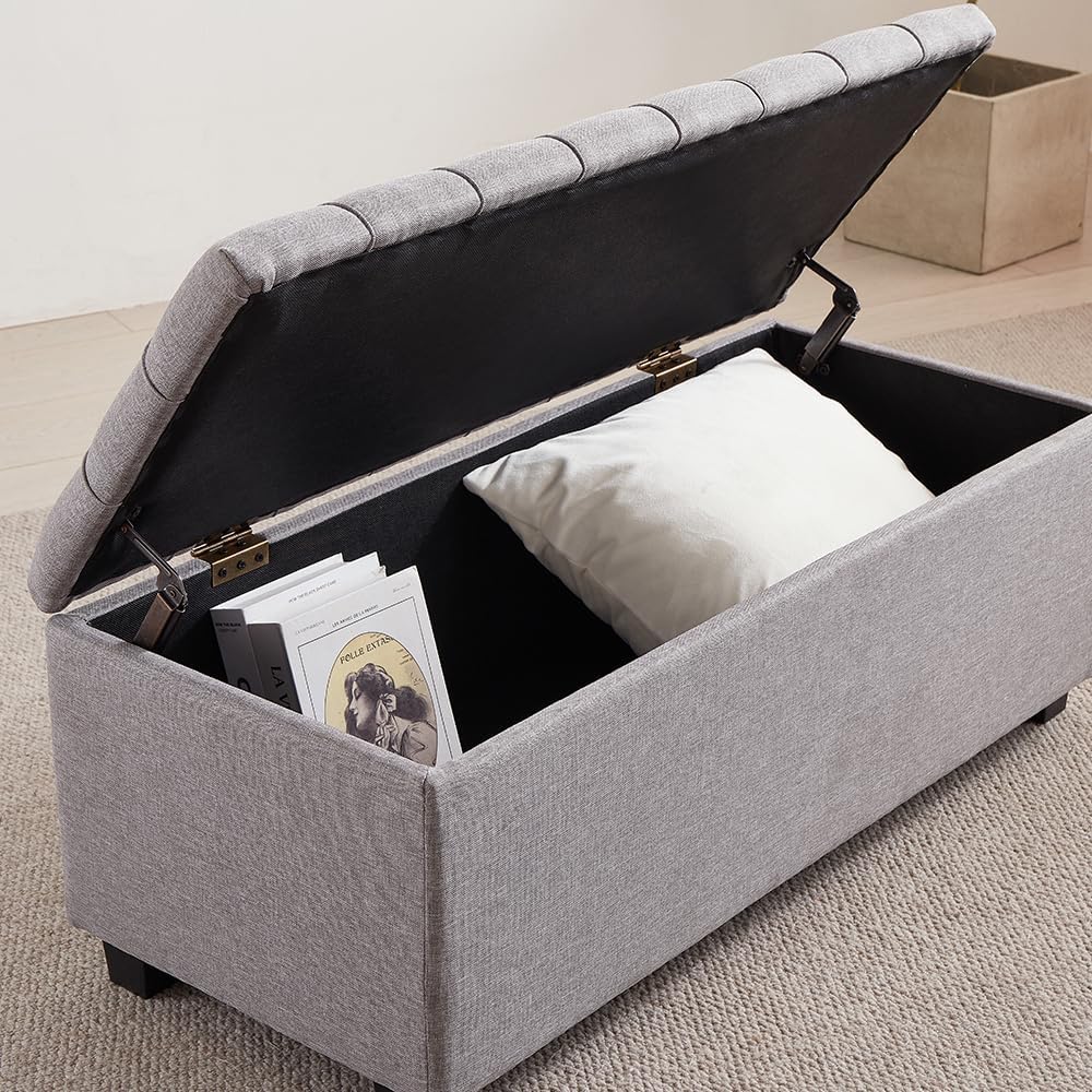 38-inch Grey Fabric Storage Ottoman Bench with Hinged Lid - Long End of Bed Bench for Bedroom, Living Room & Entryway, Footrest Seat Trunk