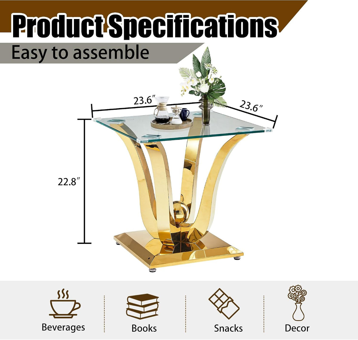 New Gold Glass Side Table, Luxury End Table with Mirror Finish Stainless Steel Base and Tempered Glass Top, Square Side Table for Living Room, Bedroom,Office