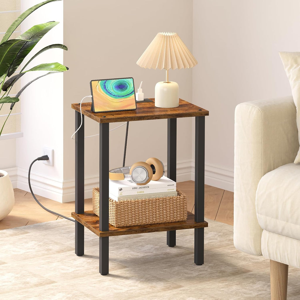 TUTOTAK End Table with Charging Station, Side Table with USB Ports and Outlets, Nightstand, 2-Tier Storage Shelf, Sofa Table for Small Space TB01BB040