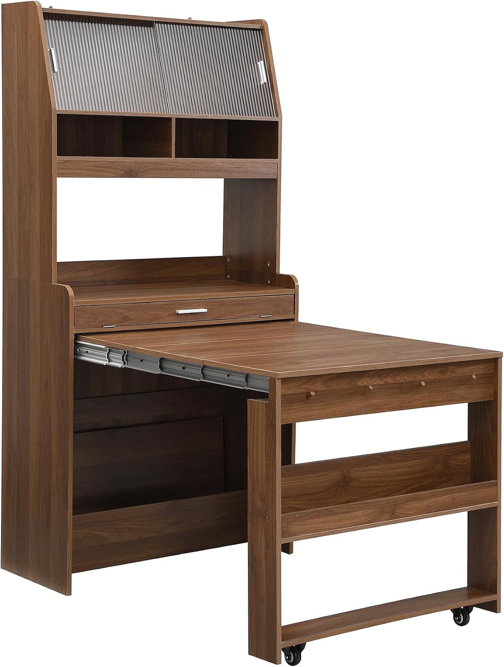 L-Shaped Kitchen Pantry with Hutch and Foldable Dining Table, Sideboard Buffet Cabinet with Sotrage Shelf and Side Hooks, Foldable Cupboard for Kitchen, Dining Room, Walnut