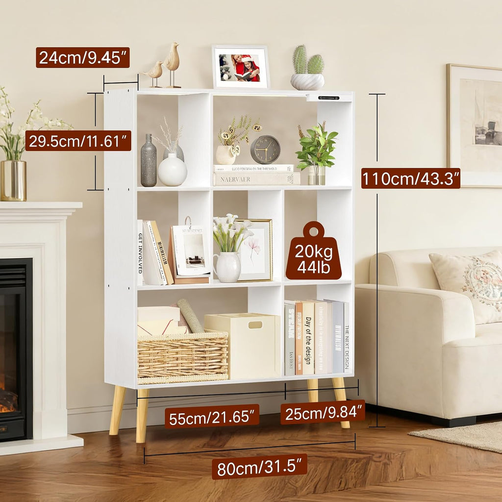 7-Cube Bookshelf with LED Lights, Touch & Remote Control, Freestanding Open Bookcase Storage Shelf, Dimmable Modern Wooden Display Organizer with Legs for Living Room, Bedroom, Office(White)