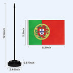 Portugal Portuguese Deluxe Desk Flag Set Small Mini Miniature Portugal Portuguese Table Desktop Flags With Solid Pole, Black Base and Spear Top(2 Pack)