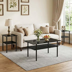 3 Piece Glass Coffee Table Set with 2-Tier Storage, Tempered Glass Living Room Table with Black Metal Legs and MDF Shelf, Modern End Tables for Small Space Apartment (1, Black)