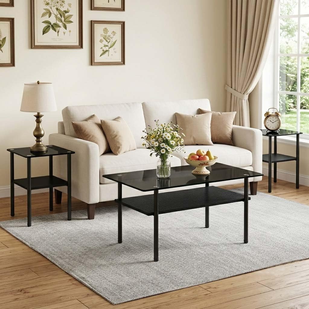 3 Piece Glass Coffee Table Set with 2-Tier Storage, Tempered Glass Living Room Table with Black Metal Legs and MDF Shelf, Modern End Tables for Small Space Apartment (1, Black)
