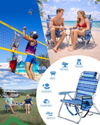 GVDV 2 Pack Backpack Beach Chairs for Adults, 14" Mid-Height Foldable Chair with Lay Flat Position, 4-Position Adjustable Reclining, Towel Bar, Zipper Pouch & Cup Holder, Blue Ocean