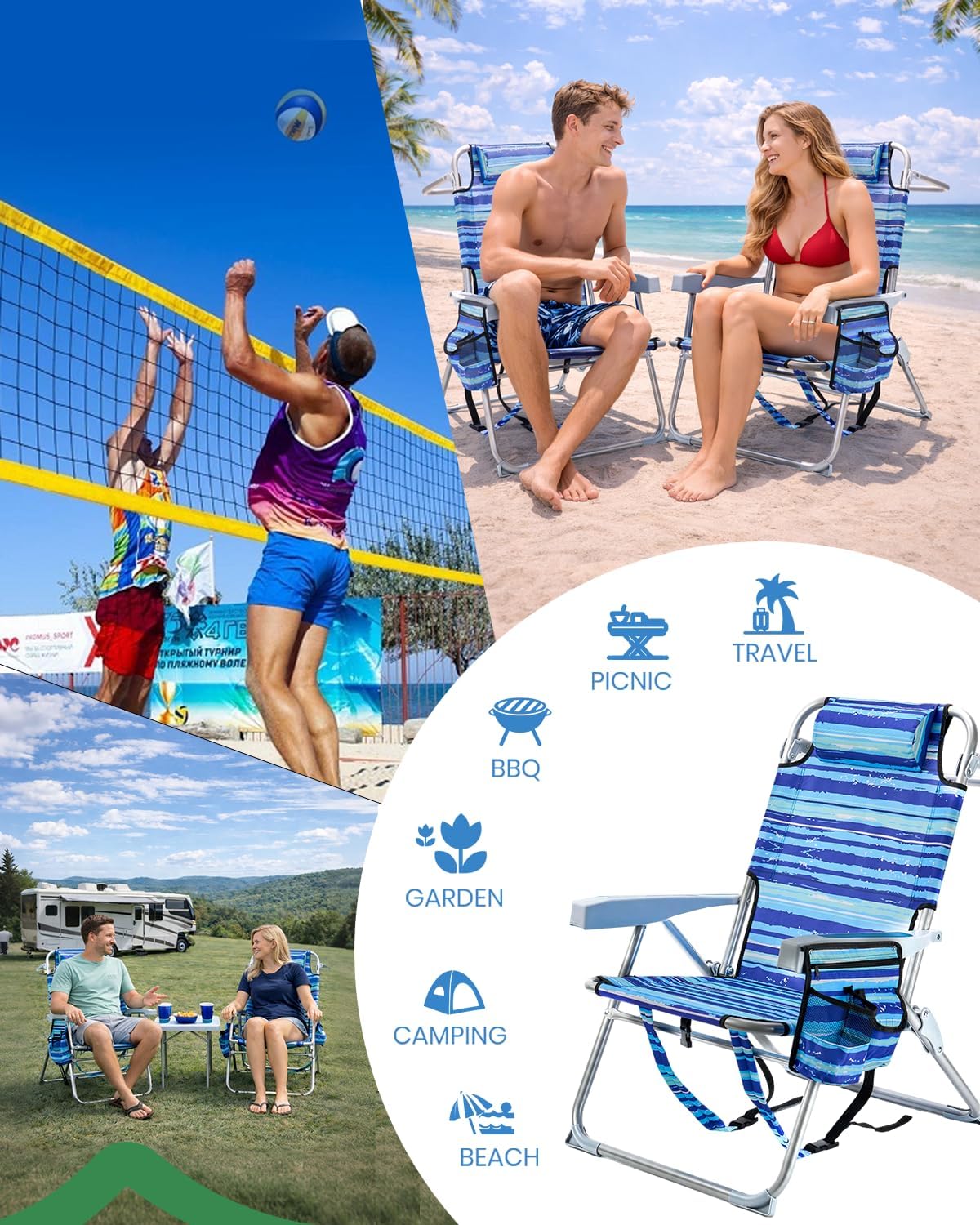 GVDV 2 Pack Backpack Beach Chairs for Adults, 14" Mid-Height Foldable Chair with Lay Flat Position, 4-Position Adjustable Reclining, Towel Bar, Zipper Pouch & Cup Holder, Blue Ocean