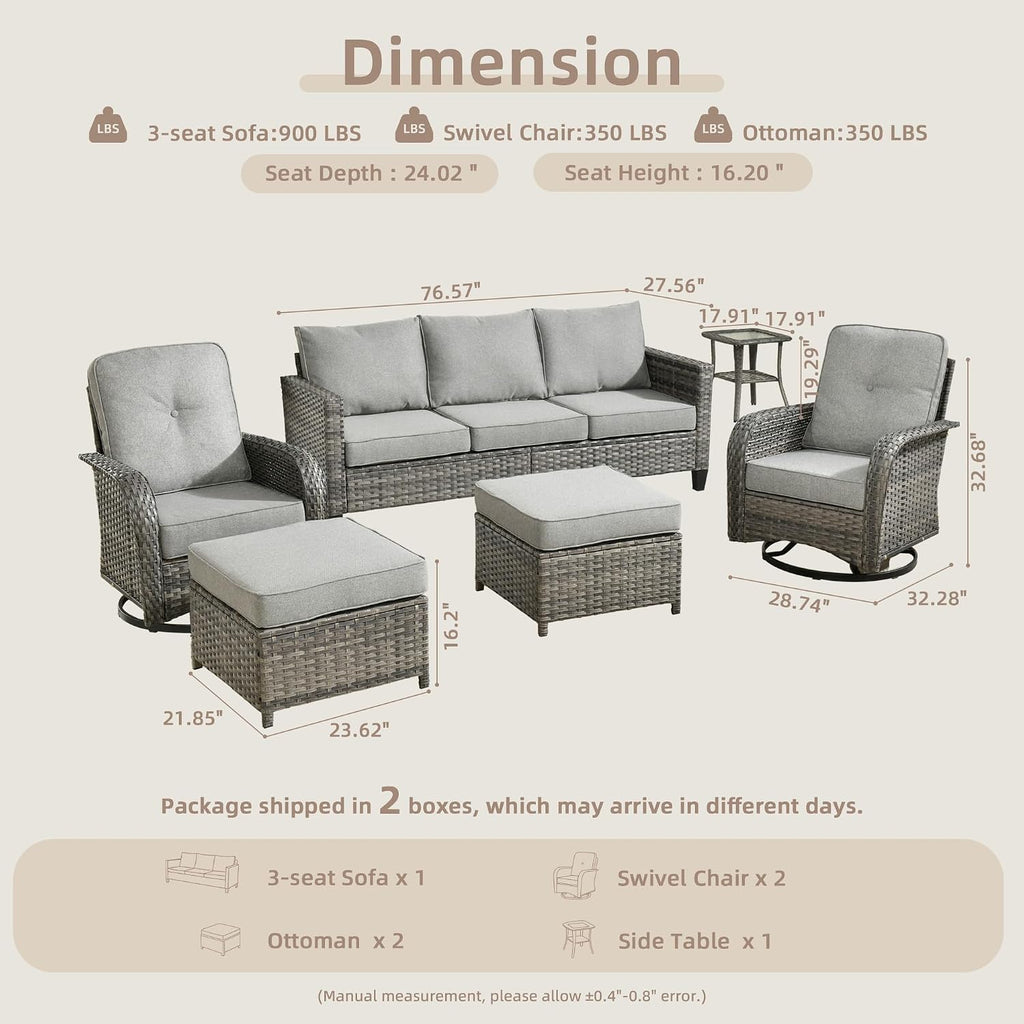 CAODOC 6 Pieces PE Wicker Patio Furniture Set, Outdoor Sectional Sofa with Swivel Chairs, Modern Rattan Conversation Set for Yard, Garden, Lawn, Deck, and Backyard