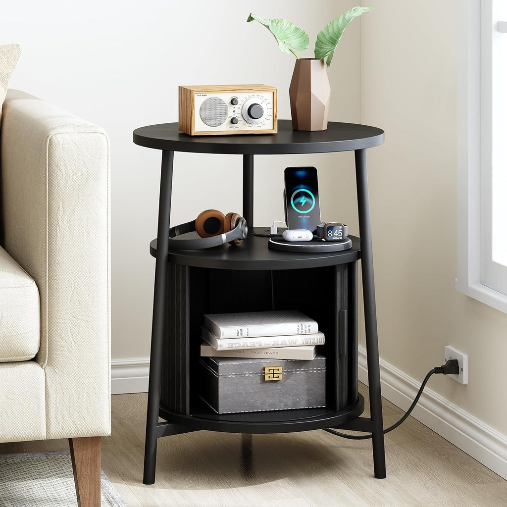 ONBRILL Round Side Table with Storage, Fluted Nightstand with Charging Station, Small Mid-Century Modern Bedside Tables, Black End Tables for Small Space Living Room Bedroom Sofa Couch