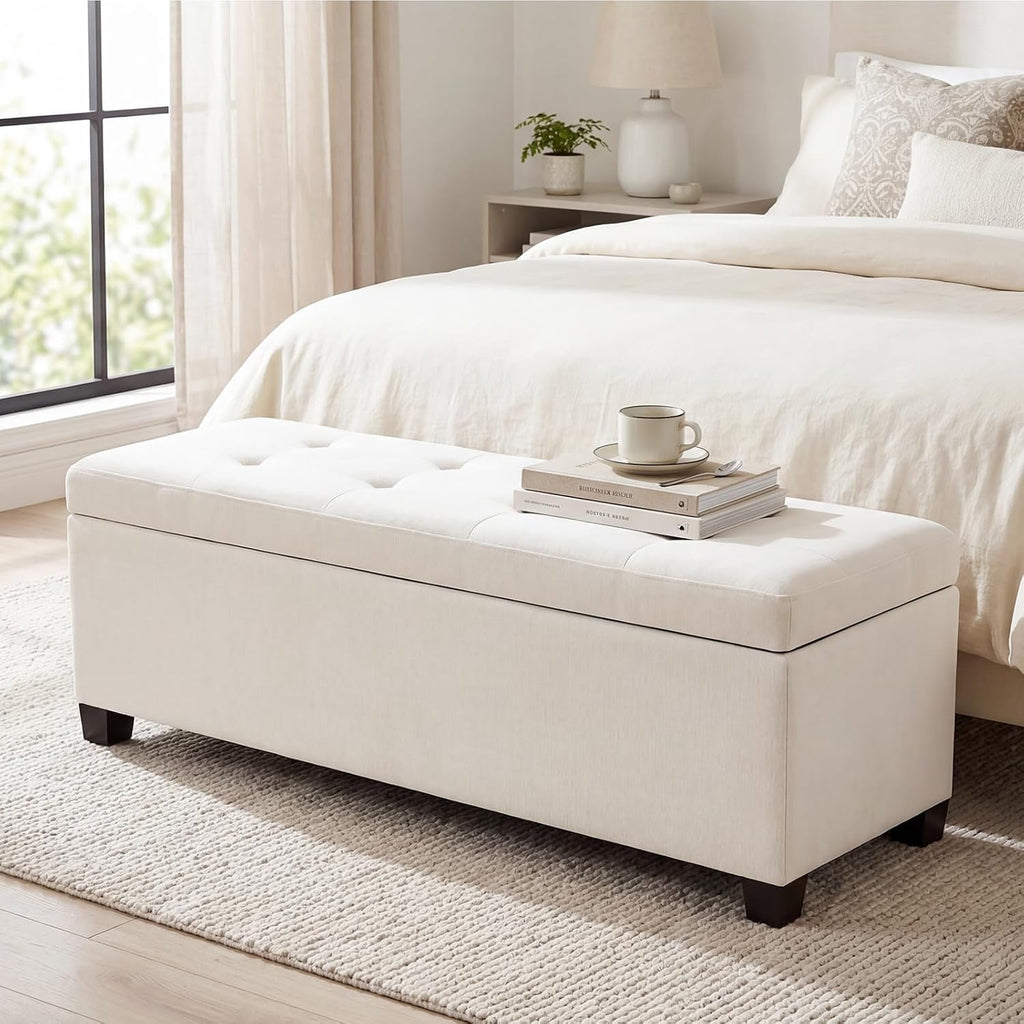 Asense 42" Storage Ottoman Bench, Large Linen Upholstered Rectangular Footstool with Safety Hinges, End of Bed Bench for Bedroom, Entryway Bench with Storage, Window Seat, Beige