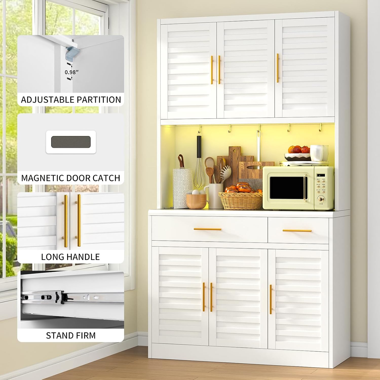71" Tall Kitchen Pantry Cabinet, Metal Storage Cabinet, with 6 Doors & 6 Adjustable Shelves & 2 Drawer,Cupboard for Bathroom, Dinning Room, Kitchen, White