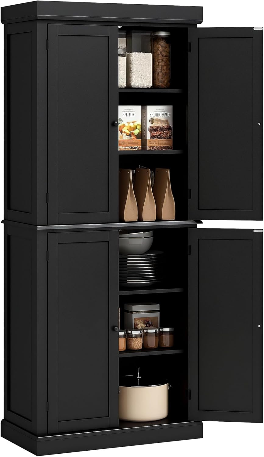 HOMCOM 72.5" Tall Kitchen Pantry Cabinet, Freestanding Modern Farmhouse Kitchen Storage Cabinet with 4 Doors and 2 Adjustable Shelves for Dining Room, Black
