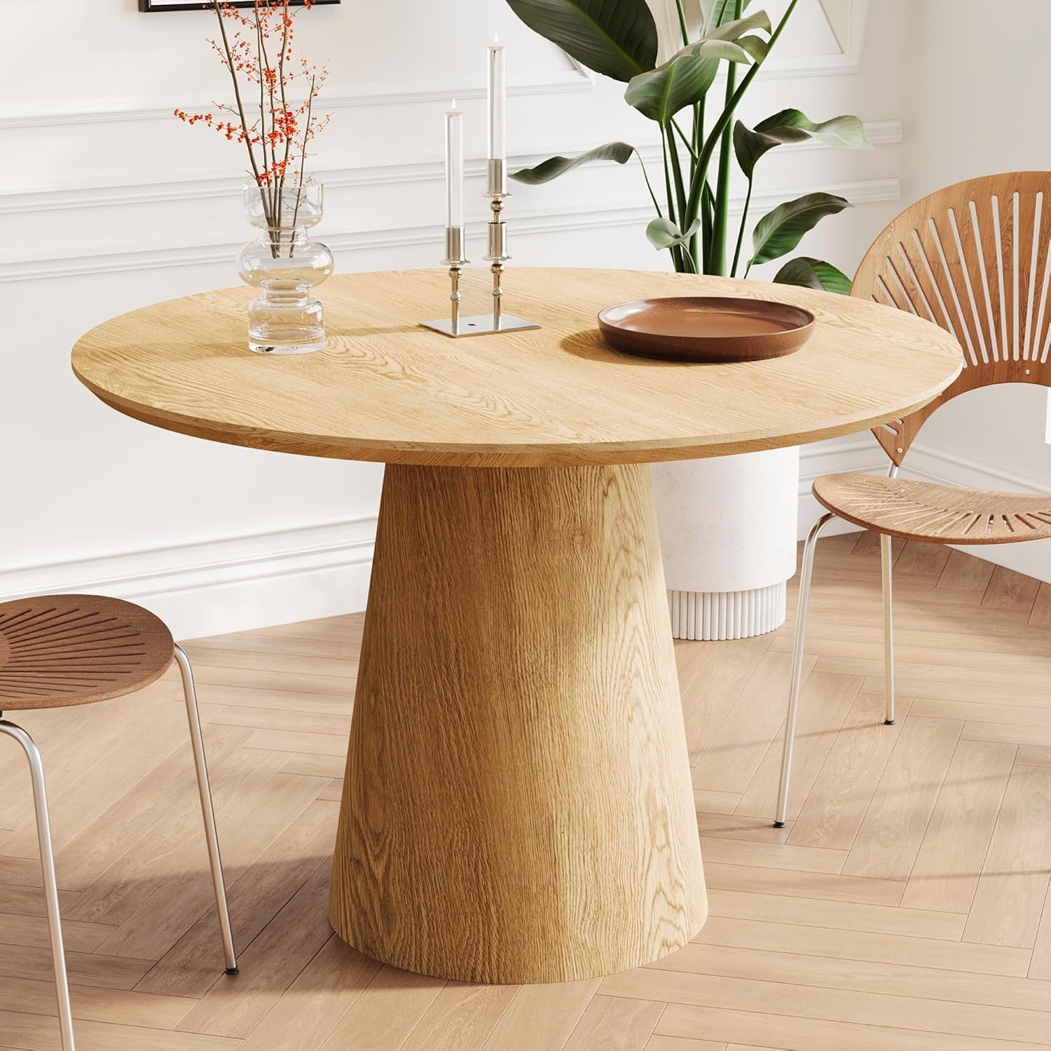 Farmhouse Round Dining Table for 4-5, 43" Round Wooden Kitchen Table with MDF Table Top Pedestal Base,Mid Century Modern Minimalist Dining Table for Dining Room Kitchen Living Room Small Space Oak