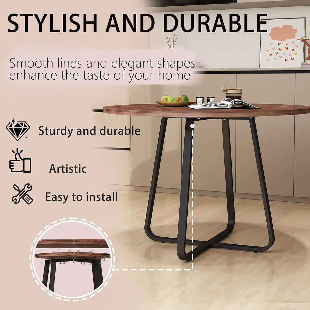 43.31'' Round Dining Table, Wood Kitchen Table with Metal X-Shaped Base, Kitchen Dining Room Circle Dinner Pedestal Table, Space Saving Industrial Circle Coffee Table for Home Living Room Furniture