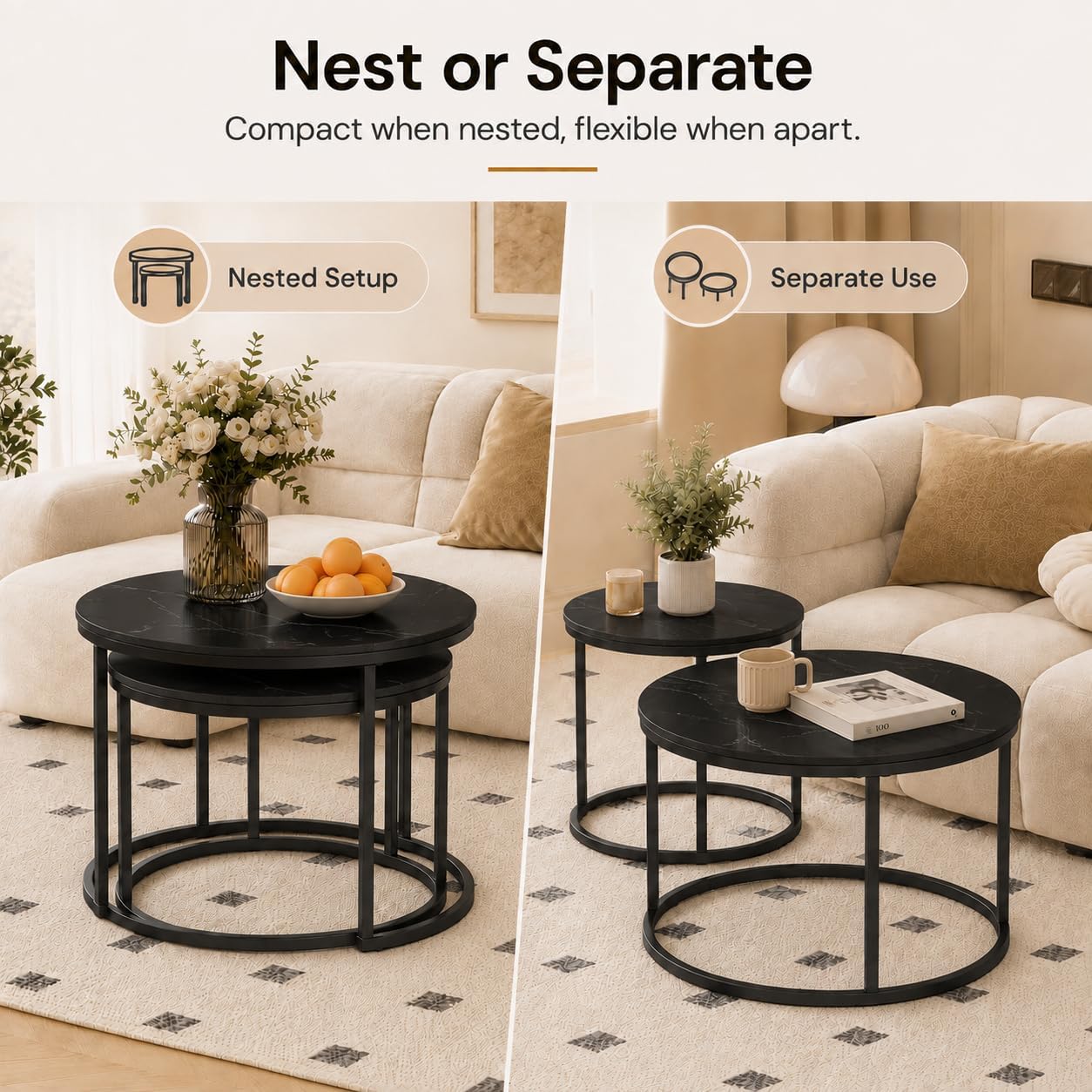 Nesting Coffee Table Set of 2，Black + Black | 27.6'' Industrial Coffee Table Nesting with Metal Frame, Round Coffee Tables for Living Room,Bedroom, Balcony