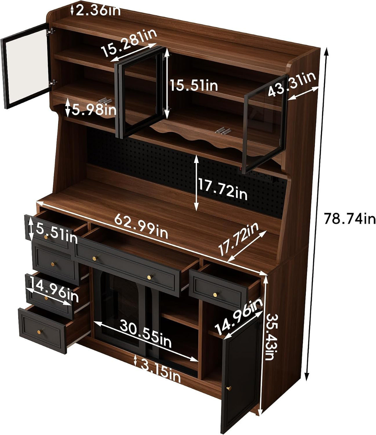63" W Farmhouse Buffet Cabinet with Hutch, Freestanding Coffee Bar Sideboard with 6 Drawers, 4 Cabinets, Adjustable Shelves, Pegboard and Power Outlet for Dining Room Storage Cabinet,Brown Black