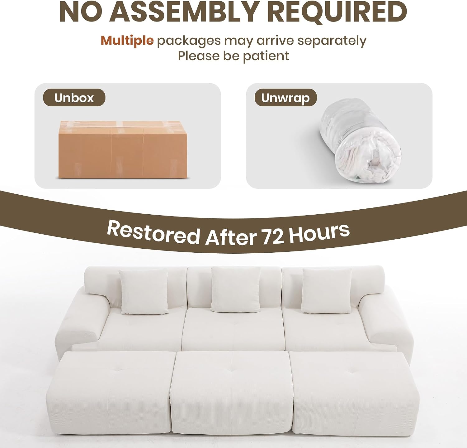 L-Shaped Modular Sectional Sofa, Sectional Couch, Oversized 3-Seater Cloud Couch with Deep Seat and Movable Ottoman for Living Room, Apartment (Beige, 3 Seater with 2 Ottoman)
