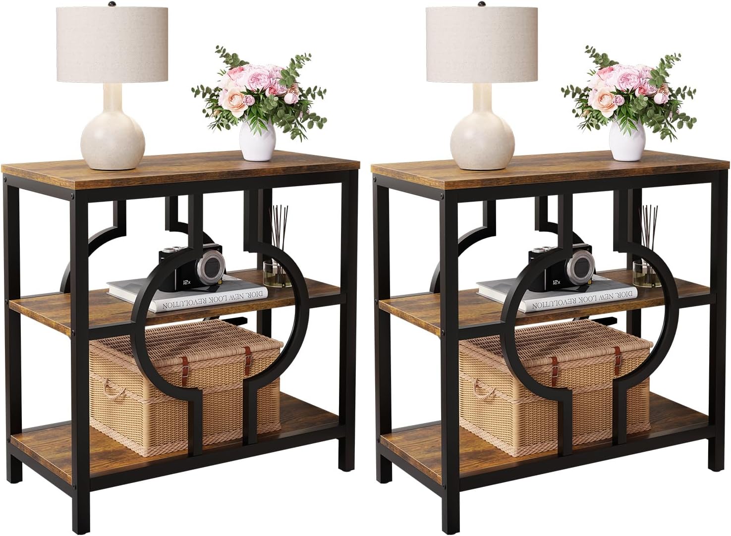 End Table Set of 2, Narrow Side Table with 3-Tier Storage Shelves, Wood Sofa Side Table with Geometric Metal Frame for Living Room, Industrial Bedside Nightstand for Bedroom (Brown)