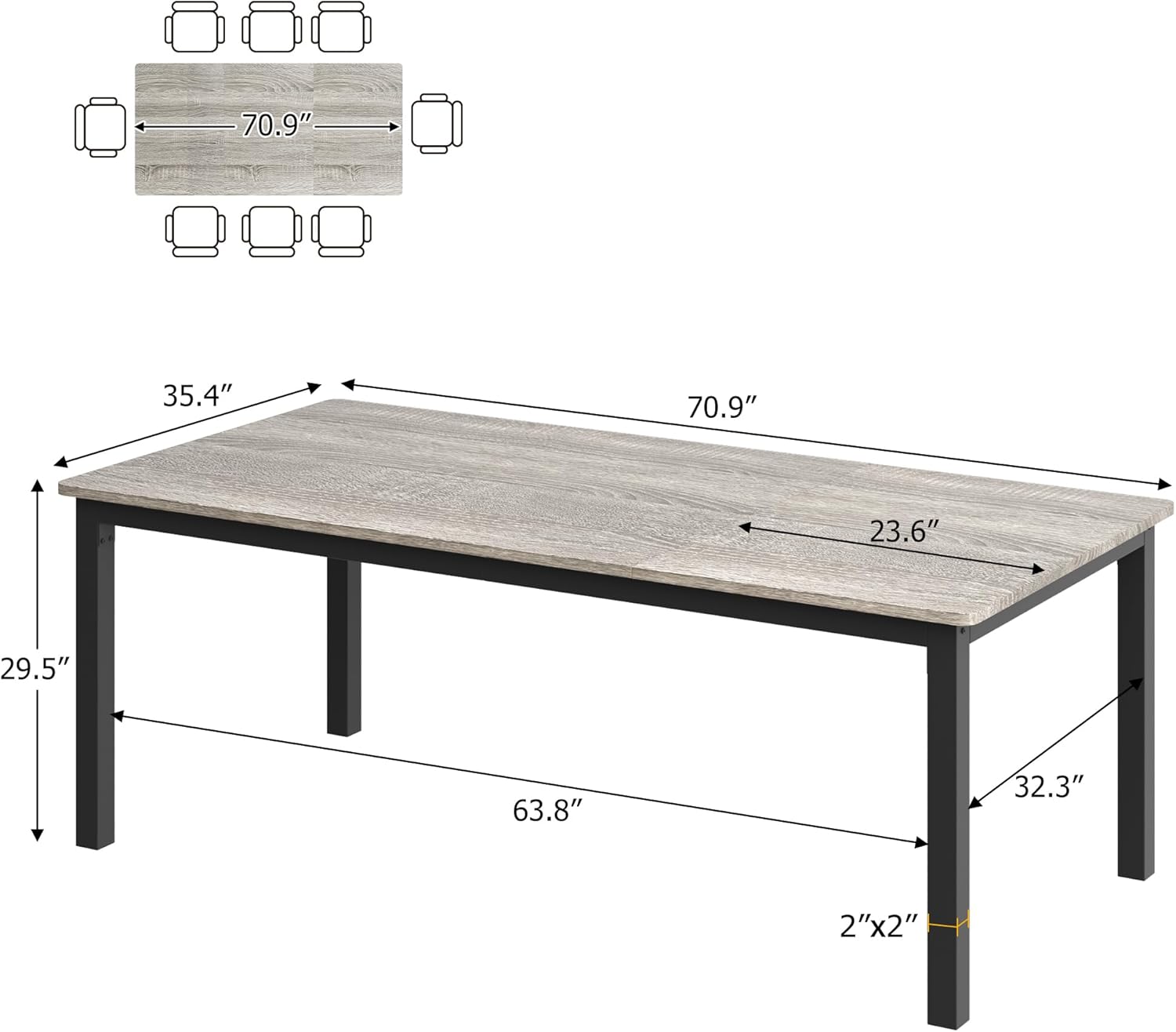 71 Inch Industrial Dining Table, Large Rectangle Kitchen Table with Metal Legs, Round Corners, Wooden Conference Tables Writing Desk for Dining Room, Living Room, Rustic Grey
