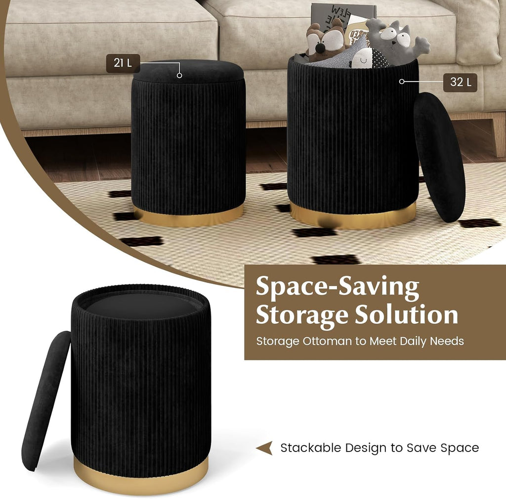 GOFLAME Round Velvet Storage Ottoman Set of 2, Upholstered Footrest with Gold Hoop, Vanity Stool Chair, Stackable Footstool for Living Room, Bedroom, Black & Golden