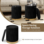 GOFLAME Round Velvet Storage Ottoman Set of 2, Upholstered Footrest with Gold Hoop, Vanity Stool Chair, Stackable Footstool for Living Room, Bedroom, Black & Golden