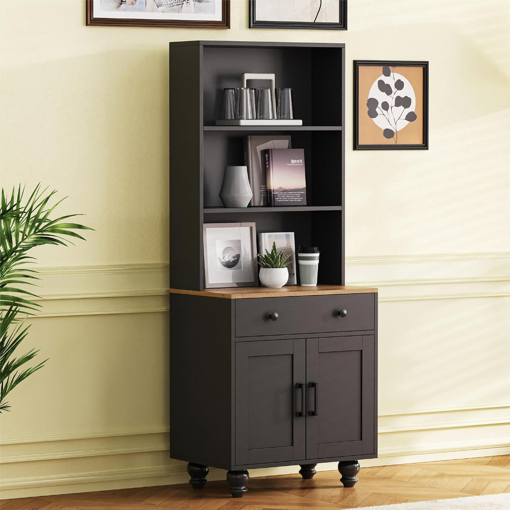 Farmhouse Storage Cabinet with Solid Wood Gourd Legs, 5-Tier Kitchen Pantry Cabinet with Adjustable Shelves & Drawer, Freestanding Bookshelf Display Cabinet for Living Room, Black