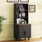 Farmhouse Storage Cabinet with Solid Wood Gourd Legs, 5-Tier Kitchen Pantry Cabinet with Adjustable Shelves & Drawer, Freestanding Bookshelf Display Cabinet for Living Room, Black