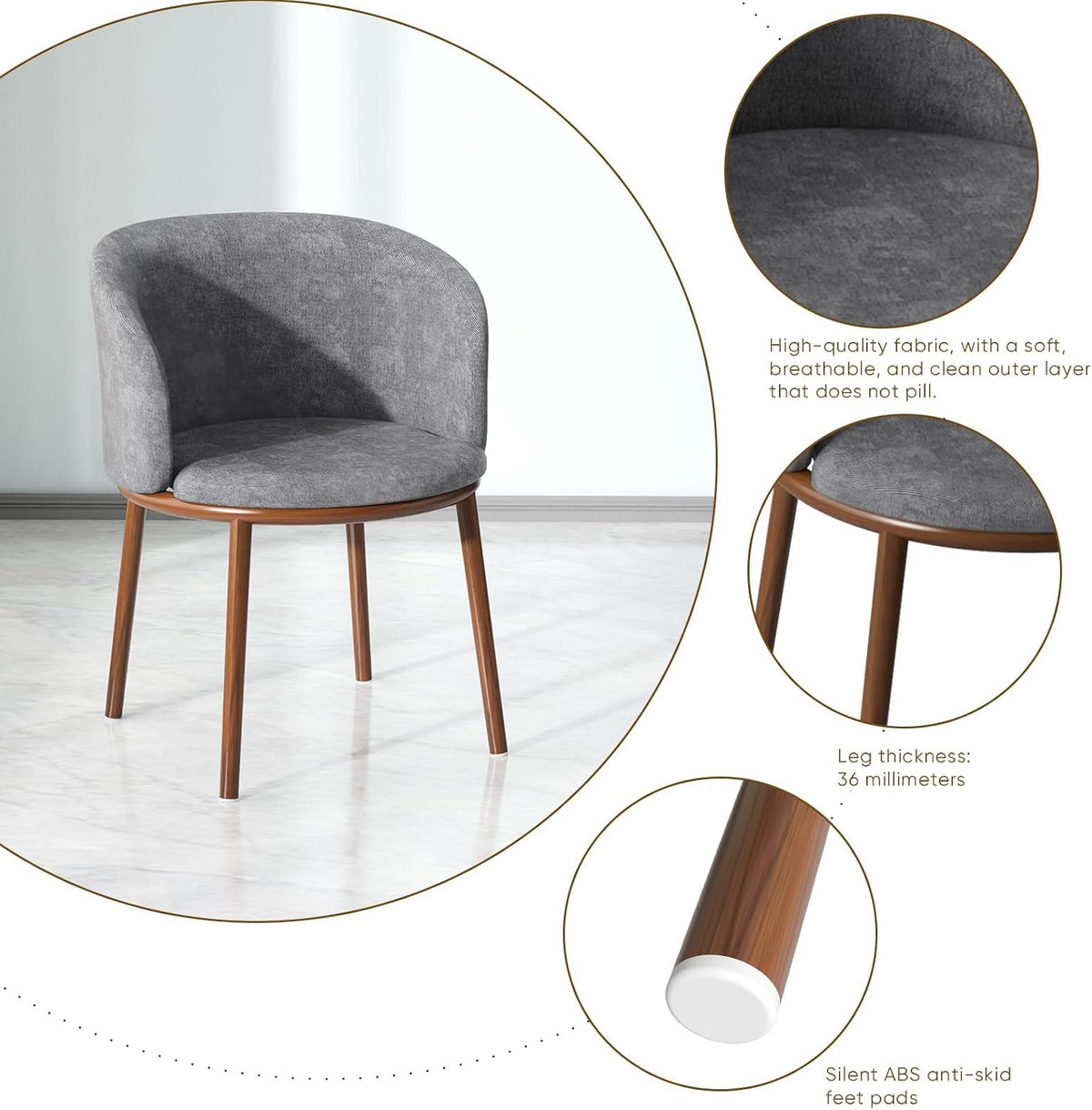 Round Dining Table Set, Upholstered Fabric Chairs with Padded Seat for 2, Space-Saving Modern Nordic Furniture with Sturdy Stainless Steel Legs, Easy to Assemble for Home Office (Grey)