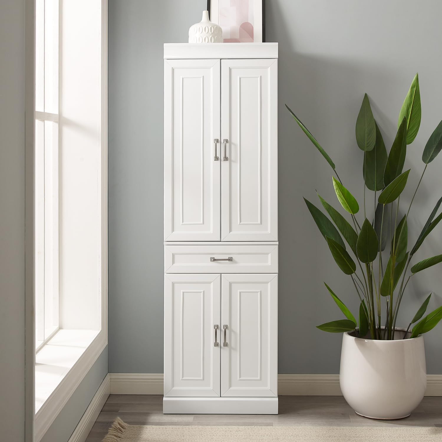 Maykoosh White Kitchen Pantry Cabinet - Adjustable Shelves & Full Extension Drawer