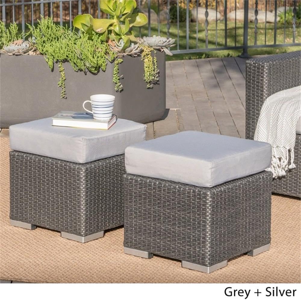 Great Deal Furniture Noble House Santa Rosa 16" Grey Wicker Ottoman Seat w/Silver Cushion (Set of 2)
