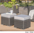 Great Deal Furniture Noble House Santa Rosa 16" Grey Wicker Ottoman Seat w/Silver Cushion (Set of 2)