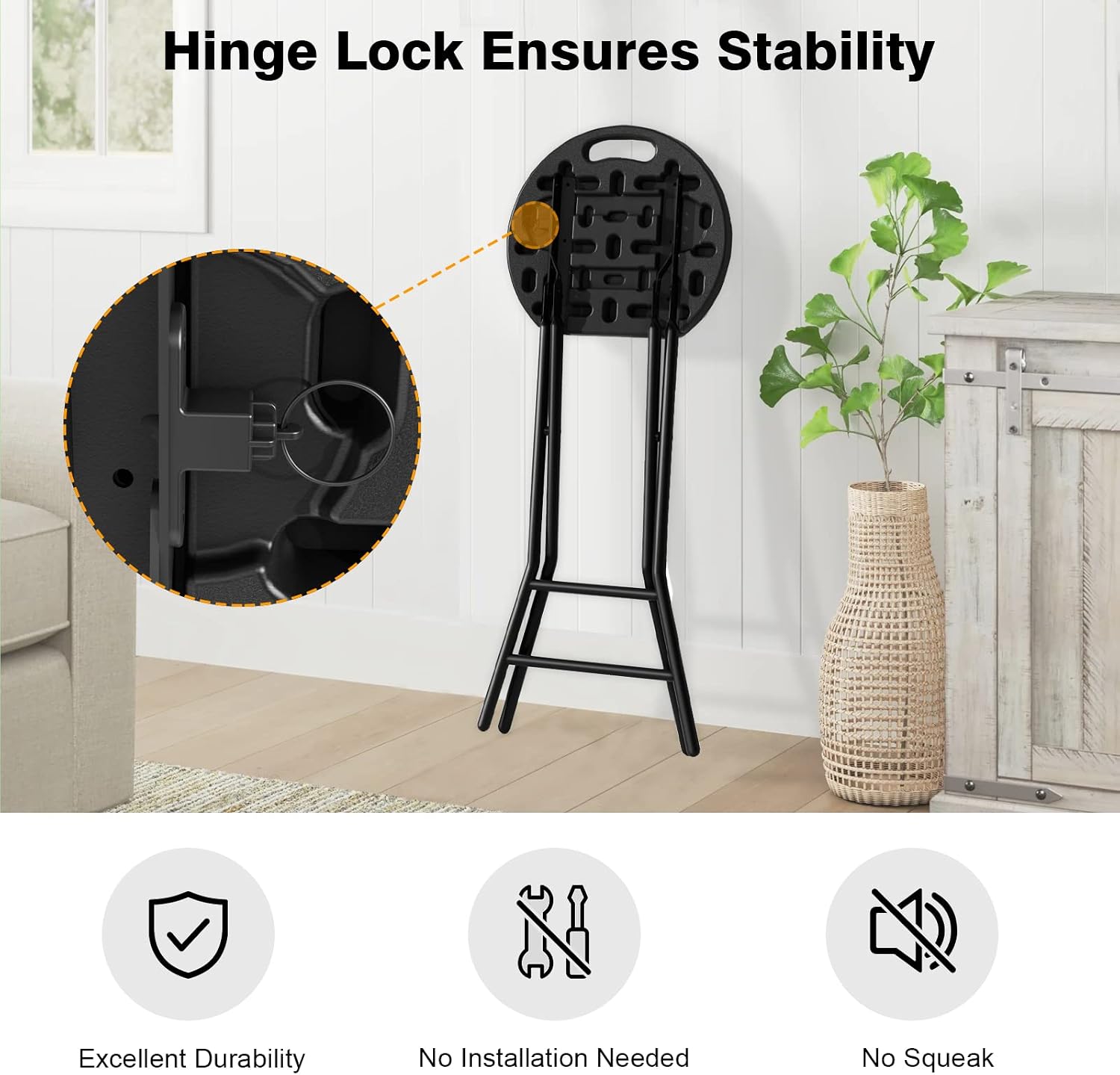 5Rcom 24 Inch Foldable Bar Stool with Safety Lock for Adults | Sturdy Steel Frame Legs, Built-in Handle, Metal & Plastic Construction, Supports 550lbs, Black