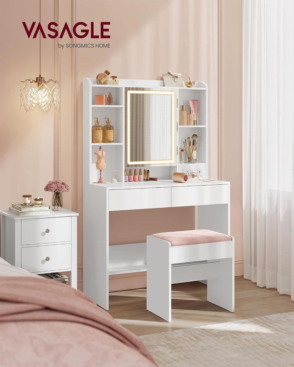 VASAGLE 35.4-Inch Vanity Desk with Mirror and Lights, 2 Drawers | Modern Vanity Table Set with Stool, Power Outlets, Jewelry Storage, 6 Compartments, Cloud White, KAILYN Collection URDT031W01