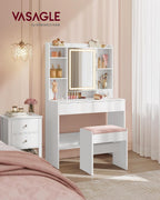 VASAGLE 35.4-Inch Vanity Desk with Mirror and Lights, 2 Drawers | Modern Vanity Table Set with Stool, Power Outlets, Jewelry Storage, 6 Compartments, Cloud White, KAILYN Collection URDT031W01